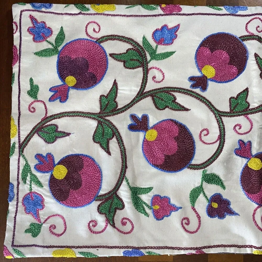 Handmade Embroidered Pillow Cover 3D Bright Floral Vine 14.5x 29.5” Boho Cottage